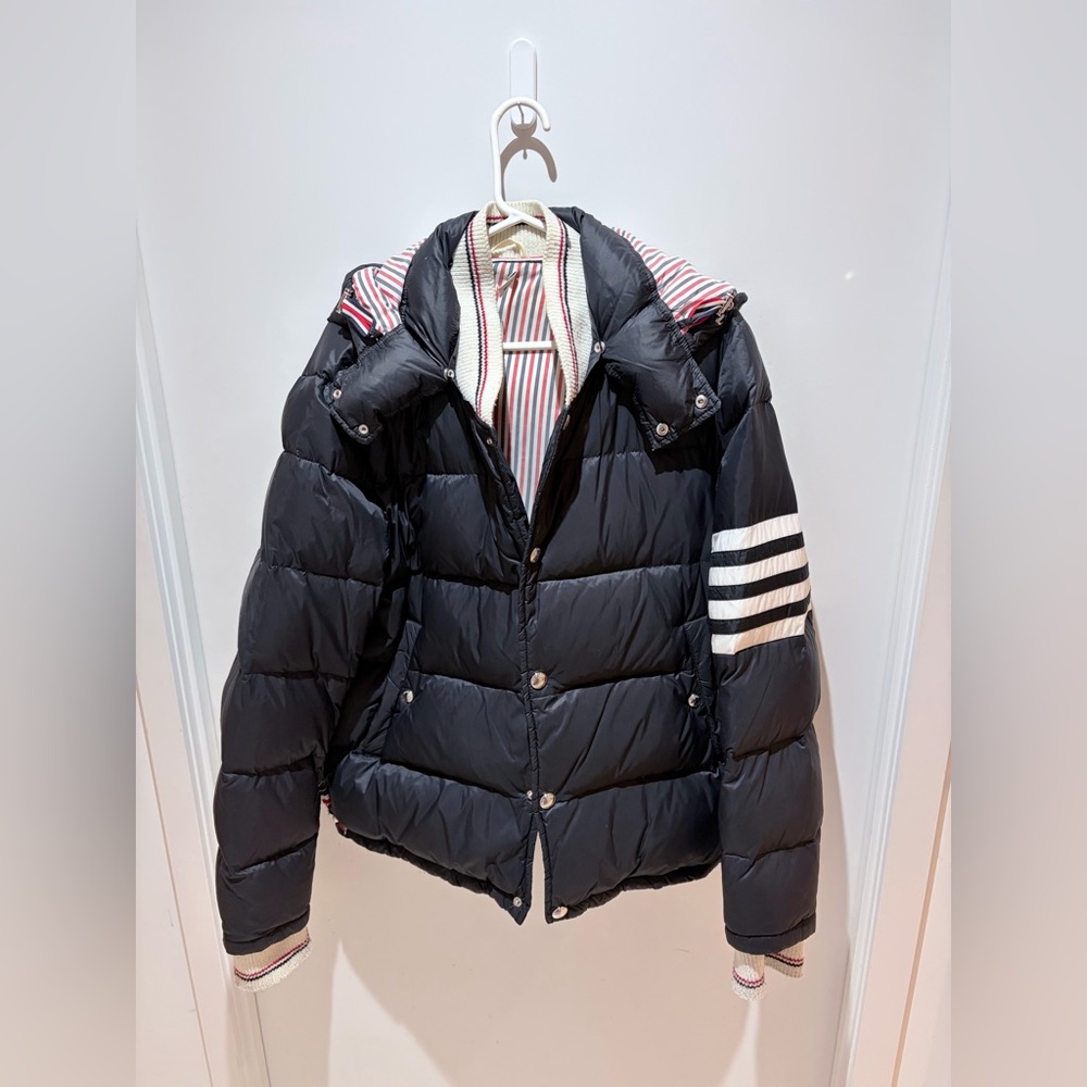 Thom Browne Black Puffer Jacket with White Stripes